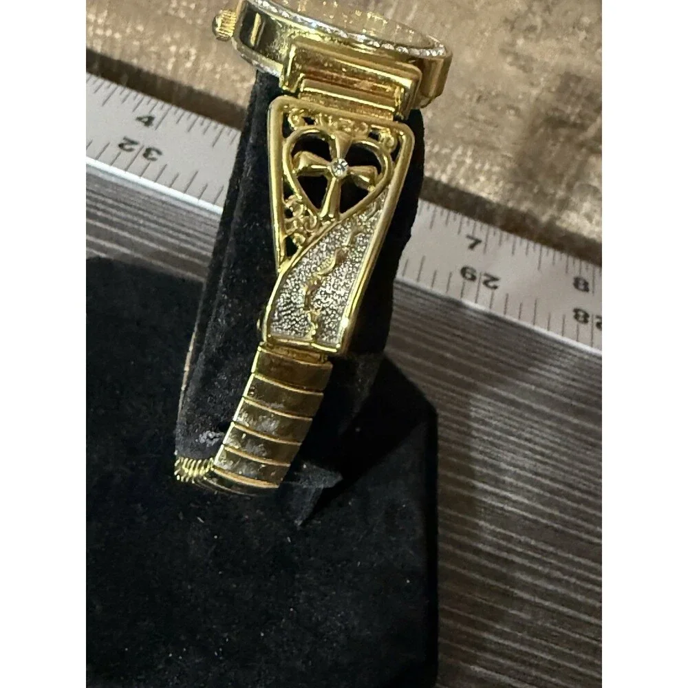 Mother Of Pearl Womens Gold Tone Cross Watch Stretch Christian Band New Battery